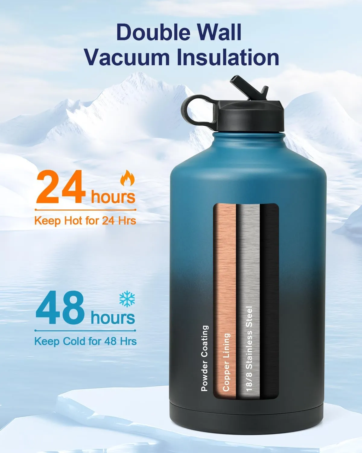 1 Gallon Water Bottle Insulated,128oz Large Food-Grade Stainless Steel Water Bottle (Cold for 48 Hrs), Leak Proof & Non-BPA, Large Water Flask Jug with Paracord Handle & Straw Spout Lids,Indigo Black