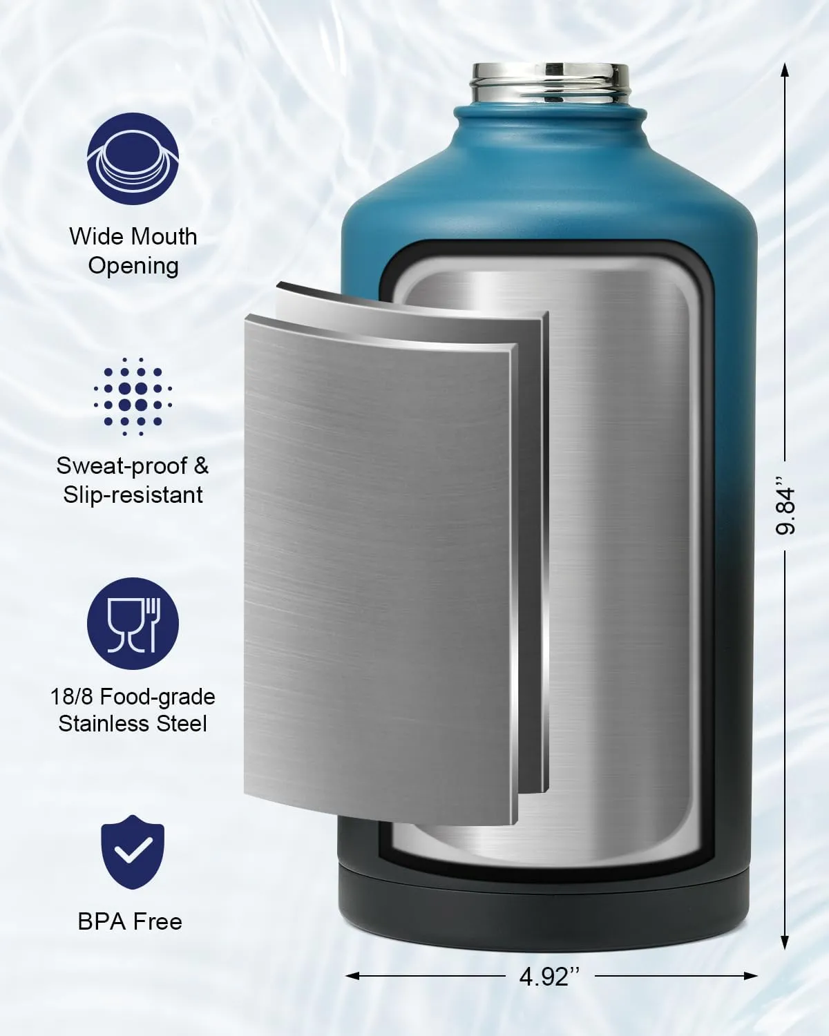1 Gallon Water Bottle Insulated,128oz Large Food-Grade Stainless Steel Water Bottle (Cold for 48 Hrs), Leak Proof & Non-BPA, Large Water Flask Jug with Paracord Handle & Straw Spout Lids,Indigo Black