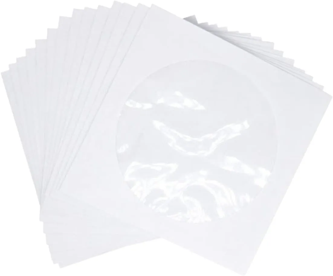 100Pcs CD Storage Holder White Paper DVD Cases with Transparent Window for Easy Organization and Portable CD DVD Bags for Home Cinema and Daily Use