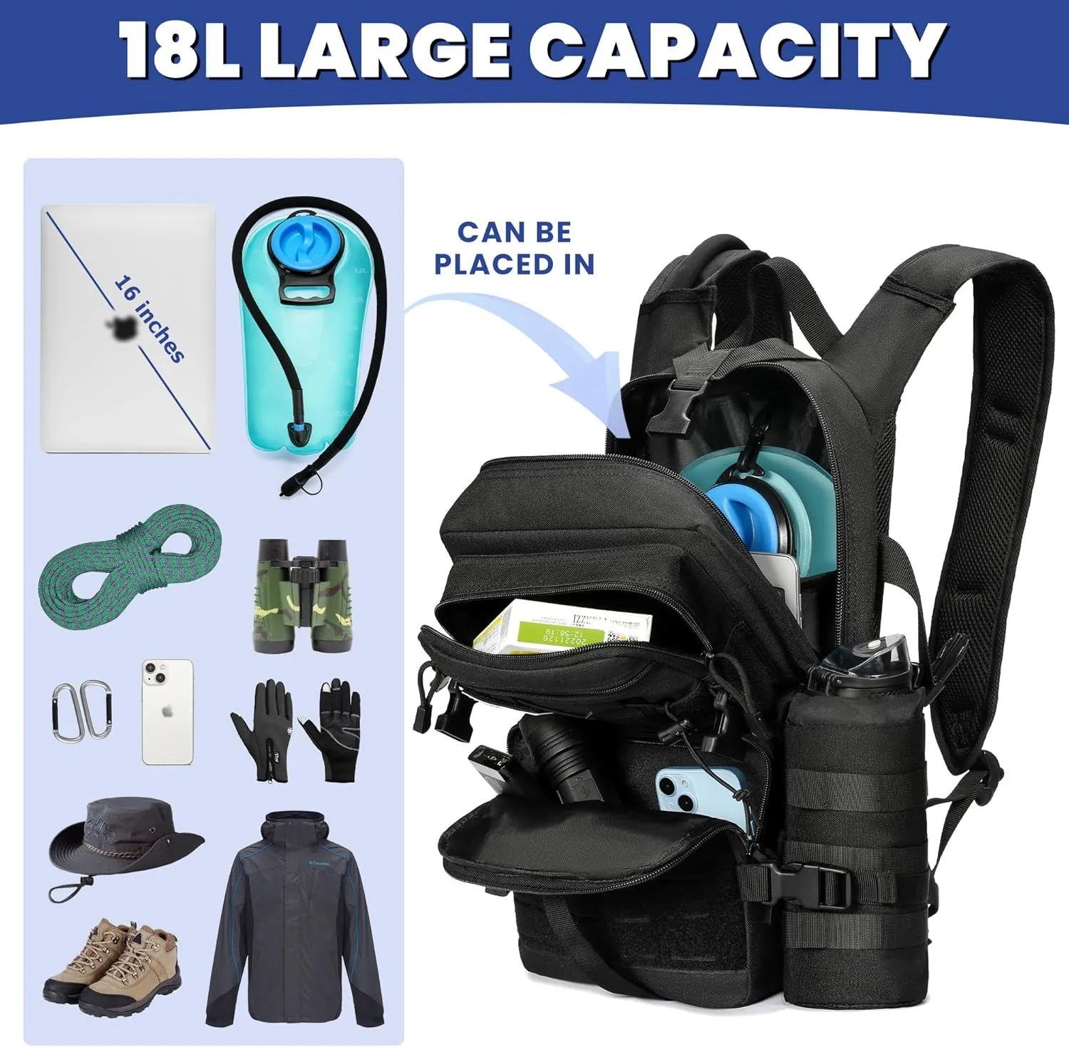 1050D Tactical Hydration Backpack with 3L Water Bladder, Military Molle Water Backpack for Men & Women, Hydration Pack for Hiking, Biking, Running, Climbing, Daily Use