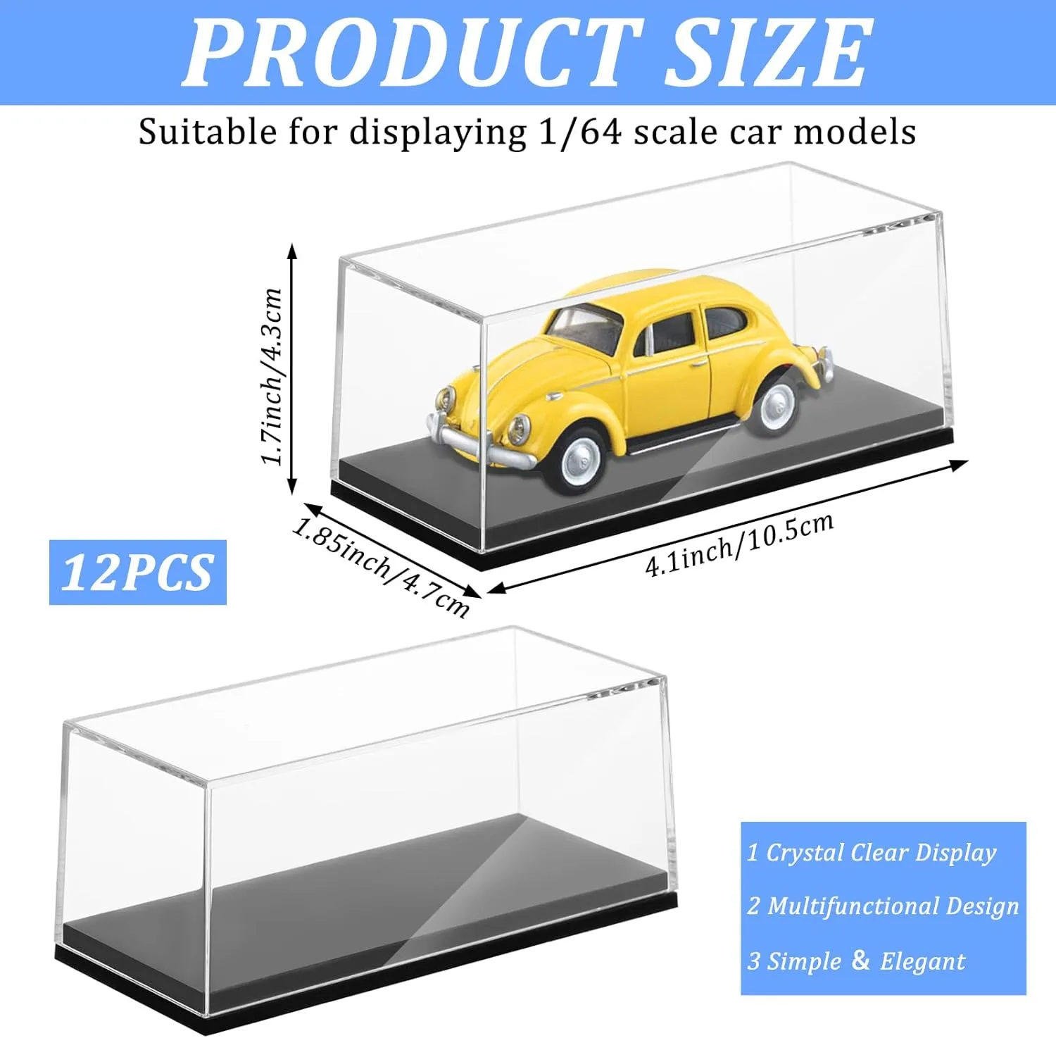 12 PCS Clear Model Cars Display Case,Toy Car Display Organizer Storage Case Fit for 1/64 Car Model,Clear Acrylic Display Box with Black Base for Hot Wheels Car(4.17 x 1.81 x 1.81 in)