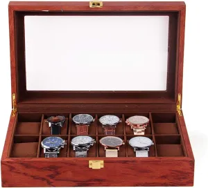 12 Slots Vintage Wooden Watch Box Display Organizer Jewelry Storage Case, Wood Watch Box Organizer for Men, Glass Top Rosewood Grain Watch Cases for Men (12.2 * 7.8 * 3.1 inch)