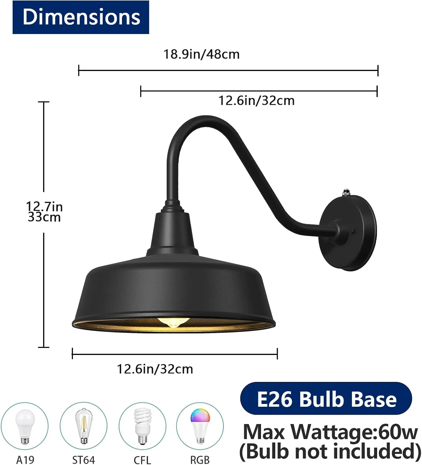 12.6 Inch Large Outdoor Gooseneck Barn Lights from Dusk to Dawn, Classic Black Farmhouse Lights Waterproof and Rustproof Porch Lights， for House, Garden, Garage, Patio.