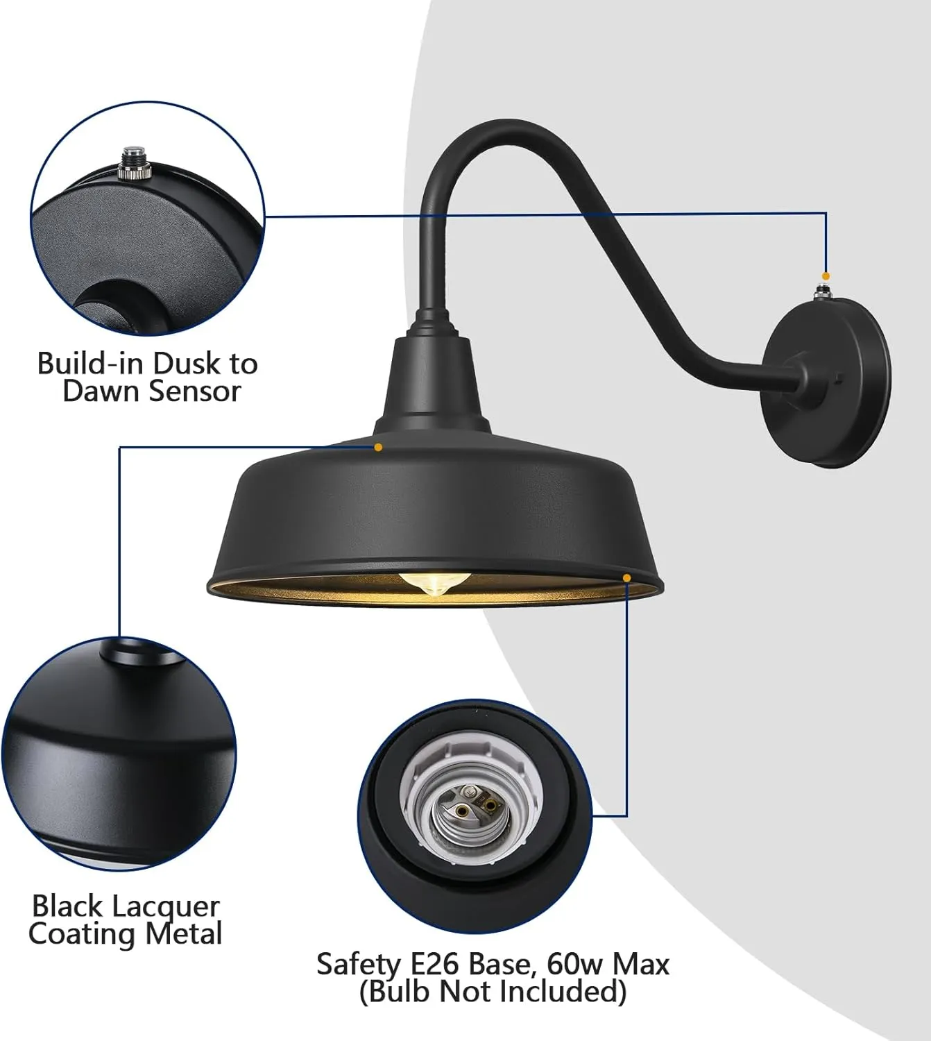 12.6 Inch Large Outdoor Gooseneck Barn Lights from Dusk to Dawn, Classic Black Farmhouse Lights Waterproof and Rustproof Porch Lights， for House, Garden, Garage, Patio.