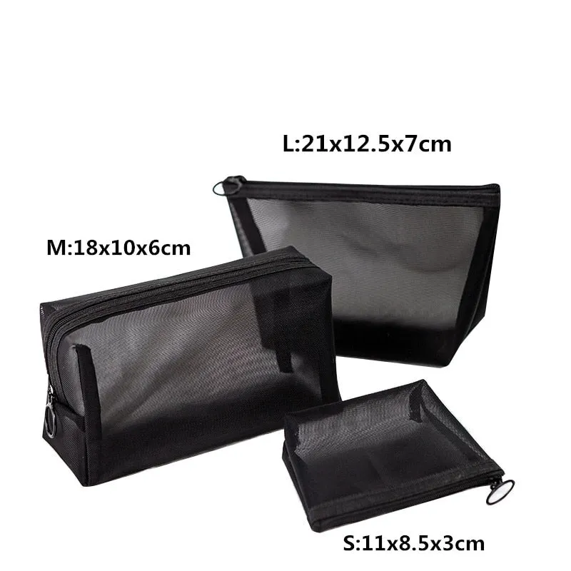 1PCS Women Necessary Cosmetic Bag Transparent Mesh Zipper Organizer Fashion Small Large Black Toiletry Bags Makeup Pouch Case