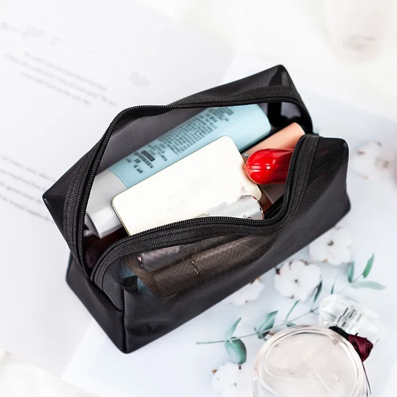 1PCS Women Necessary Cosmetic Bag Transparent Mesh Zipper Organizer Fashion Small Large Black Toiletry Bags Makeup Pouch Case