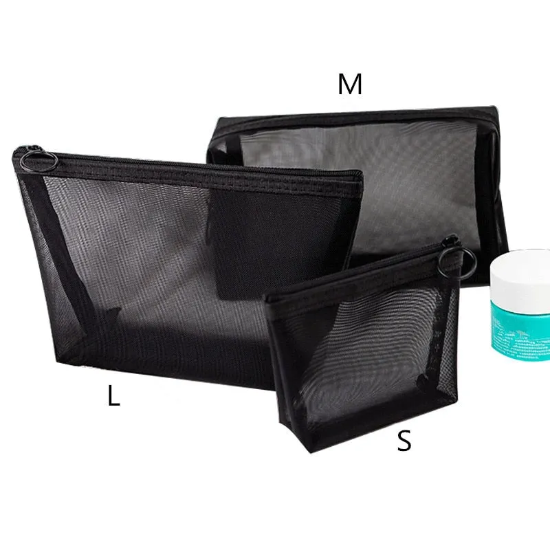 1PCS Women Necessary Cosmetic Bag Transparent Mesh Zipper Organizer Fashion Small Large Black Toiletry Bags Makeup Pouch Case