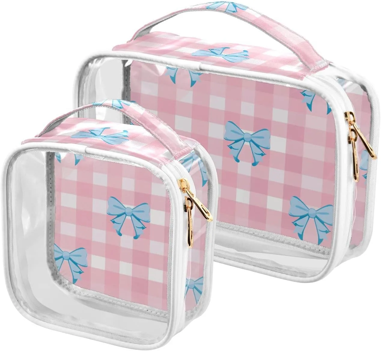 2 Pack clear Pink Plaid Bow toiletry hanging bag TSA approved transparent cosmetic travel bag shaving essentials