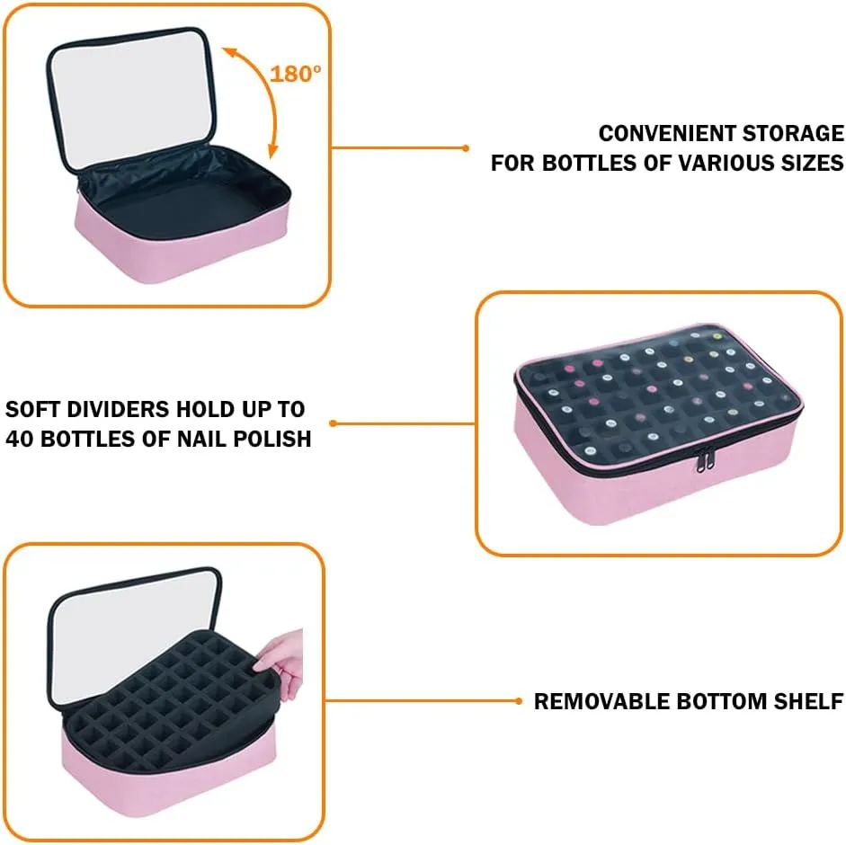 2 Pcs Small Clear Nail Polish Organizer Holds 80 bottles(15ml-0.5fl.oz) Nail Polish Case Multifunctional Nail Polish Bag Organizer, Cosmetic Travel Makeup Bags for Women Pink