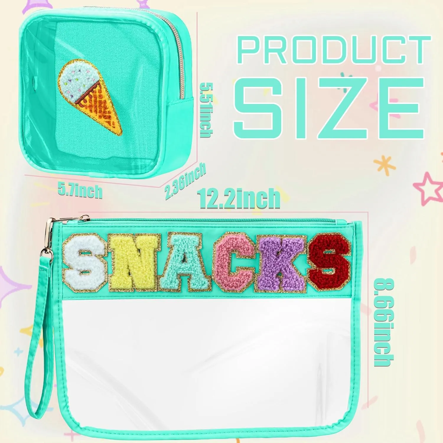 2 Pcs Snacks Bag Gifts Cosmetic Makeup Bag with Chenille Letter Patch, Clear Pouch PVC Organizer Purse, Waterproof Travel Bag, Portable Toiletry Storage Bag for Her Girls Friends Women