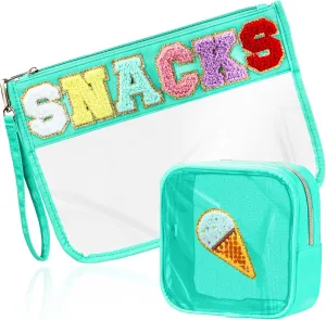 2 Pcs Snacks Bag Gifts Cosmetic Makeup Bag with Chenille Letter Patch, Clear Pouch PVC Organizer Purse, Waterproof Travel Bag, Portable Toiletry Storage Bag for Her Girls Friends Women