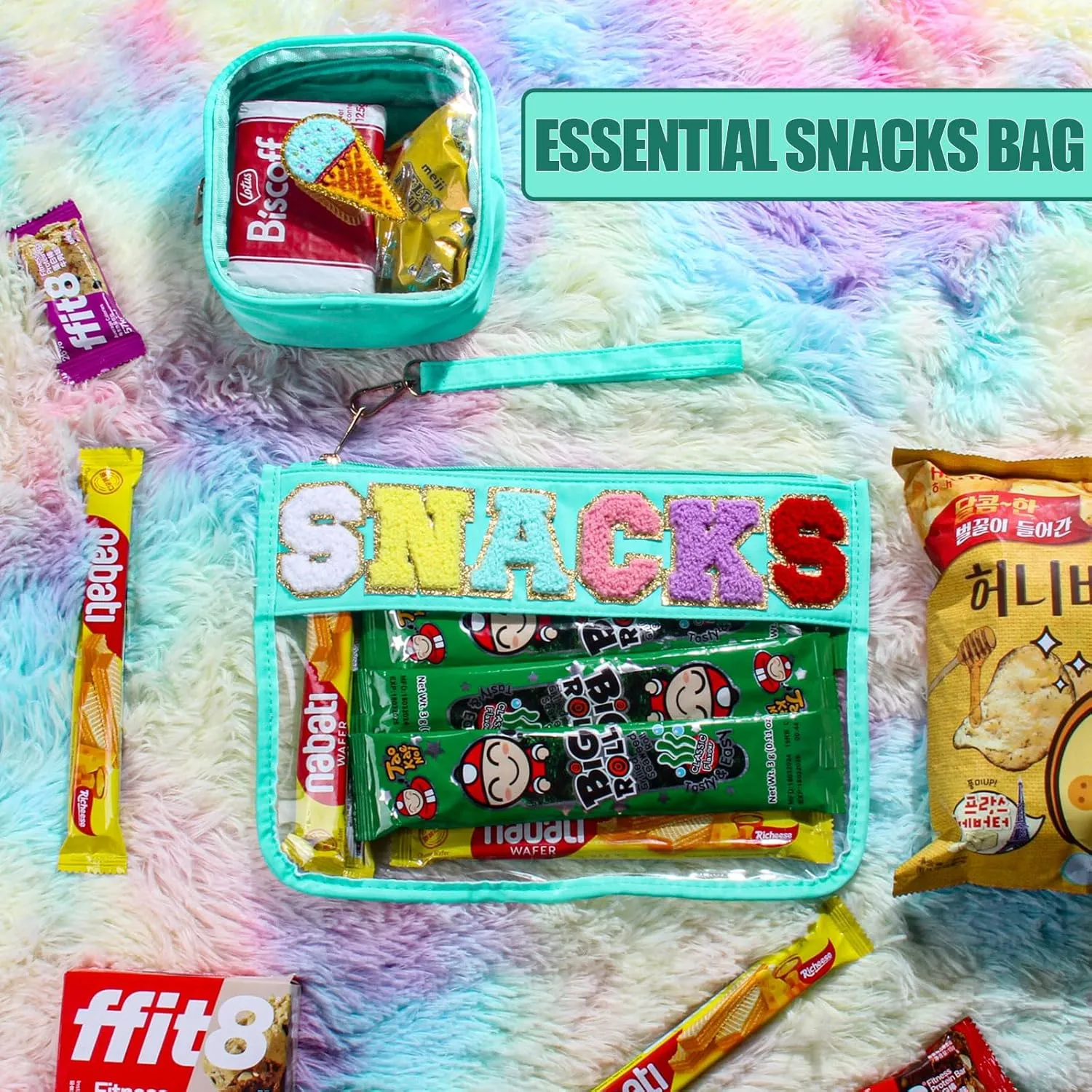2 Pcs Snacks Bag Gifts Cosmetic Makeup Bag with Chenille Letter Patch, Clear Pouch PVC Organizer Purse, Waterproof Travel Bag, Portable Toiletry Storage Bag for Her Girls Friends Women