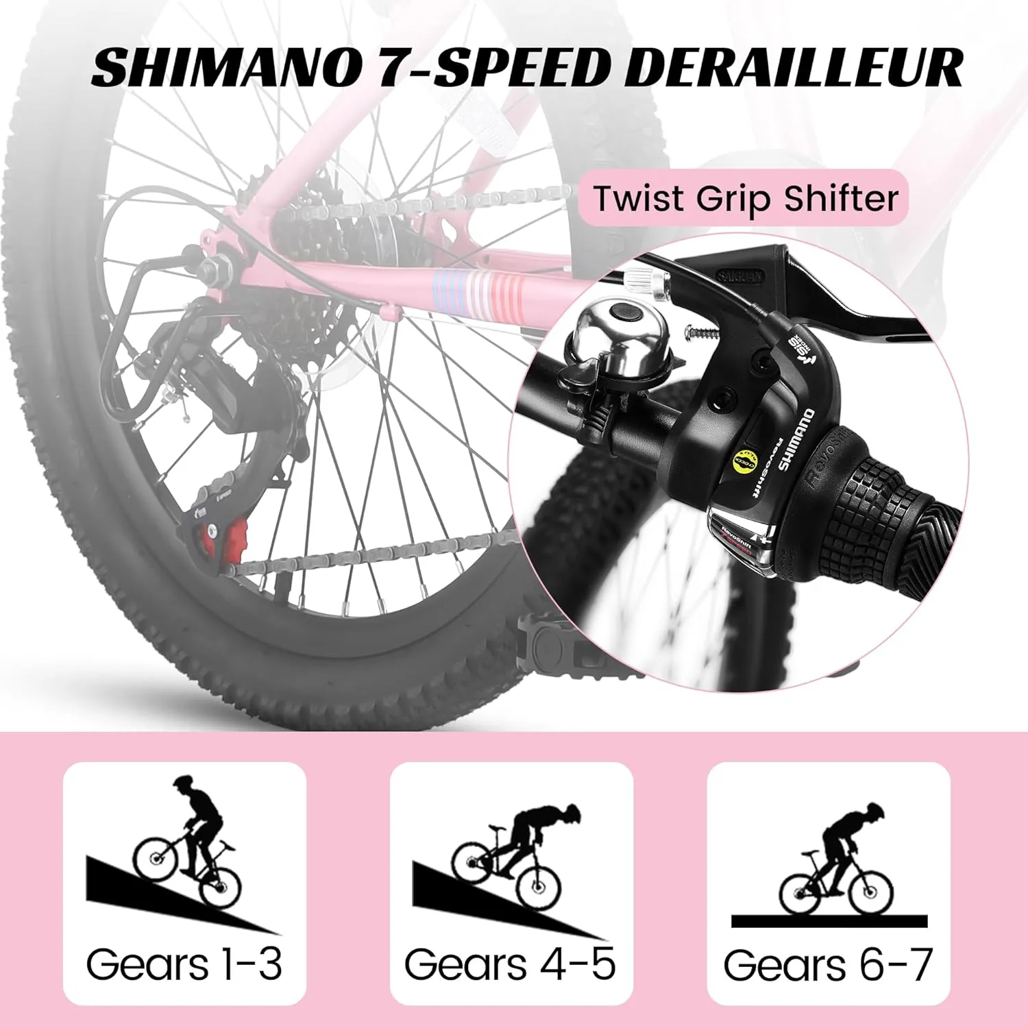 20 Inch Kids' Mountain Bike Ages 5-10, 7-Speed Children's Day Gifts Bicycles for Boys Girls Present, Outdoor Cycling City Bikes