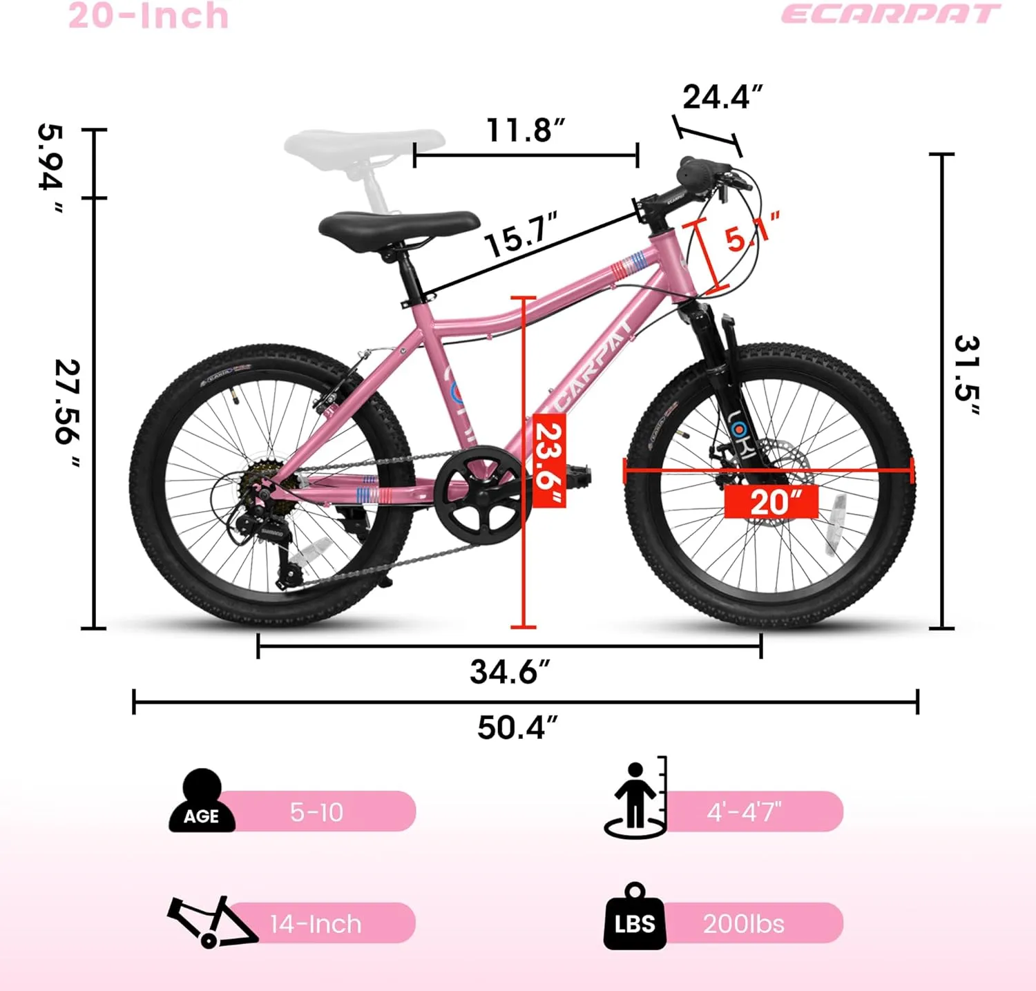 20 Inch Kids' Mountain Bike Ages 5-10, 7-Speed Children's Day Gifts Bicycles for Boys Girls Present, Outdoor Cycling City Bikes