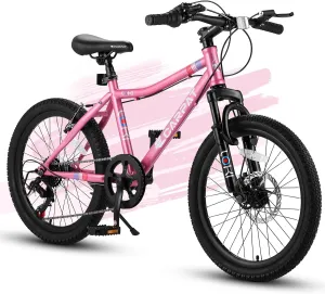 20 Inch Kids' Mountain Bike Ages 5-10, 7-Speed Children's Day Gifts Bicycles for Boys Girls Present, Outdoor Cycling City Bikes
