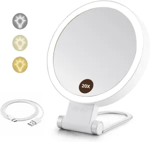 20X Magnifying Mirror with Light,Double Sided Tabletop Mirror with Adjustable Folding Handle,Handle Travel Makeup Mirror,Vanity Mirror with 3 Color Light LED,Cosmetic Mirror for Makeup/Travel