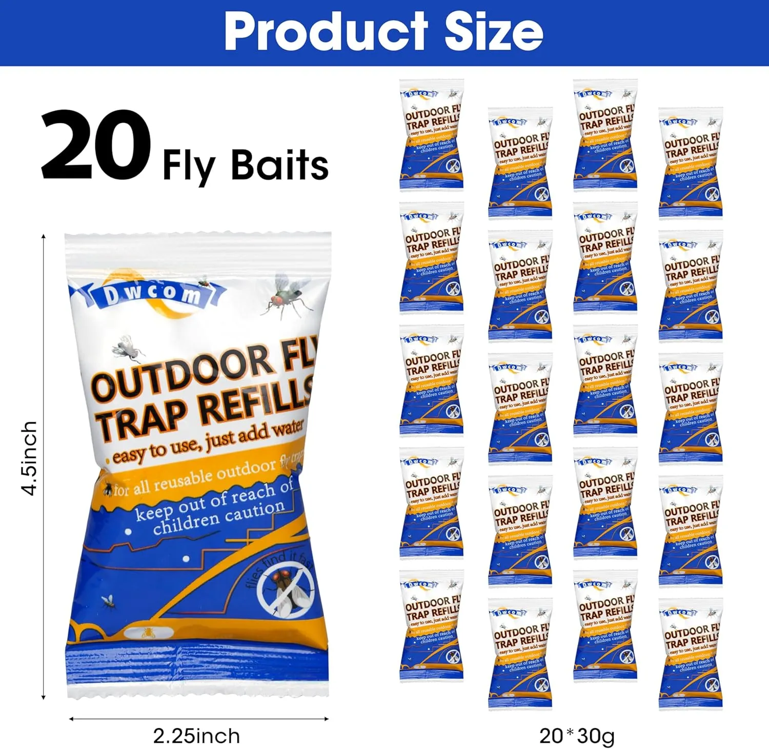 20x30g Fly Trap Refill Packets, Flies Bait Attractant Refills for All Reusable Fly Traps Outdoor, Fly Repellent Outdoor, Fly Killer Catcher