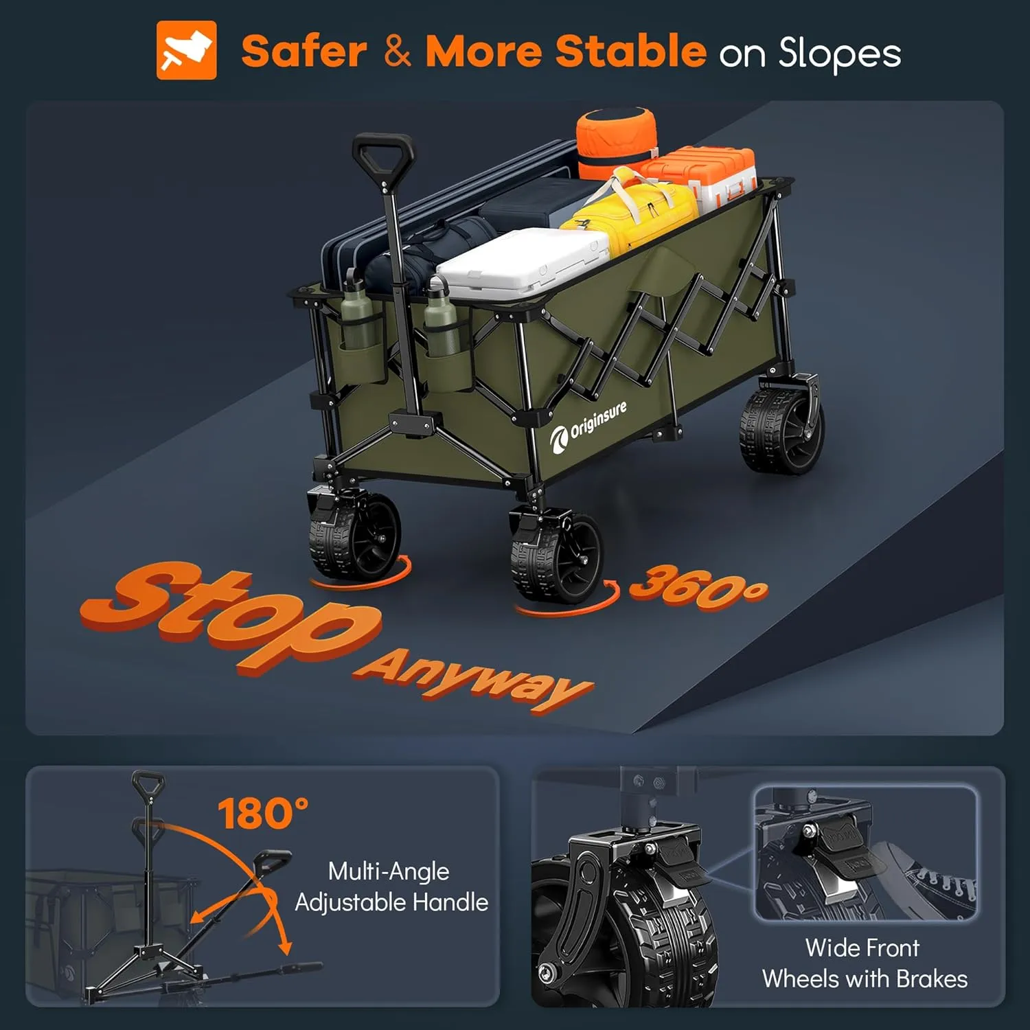 220L Collapsible Wagon Cart Foldable, 460LB Load Capacity Heavy Duty Folding Beach Wagons with Big All-Terrain Wheels, Utility Carts for Groceries, Shopping, Camping, Sports - Green
