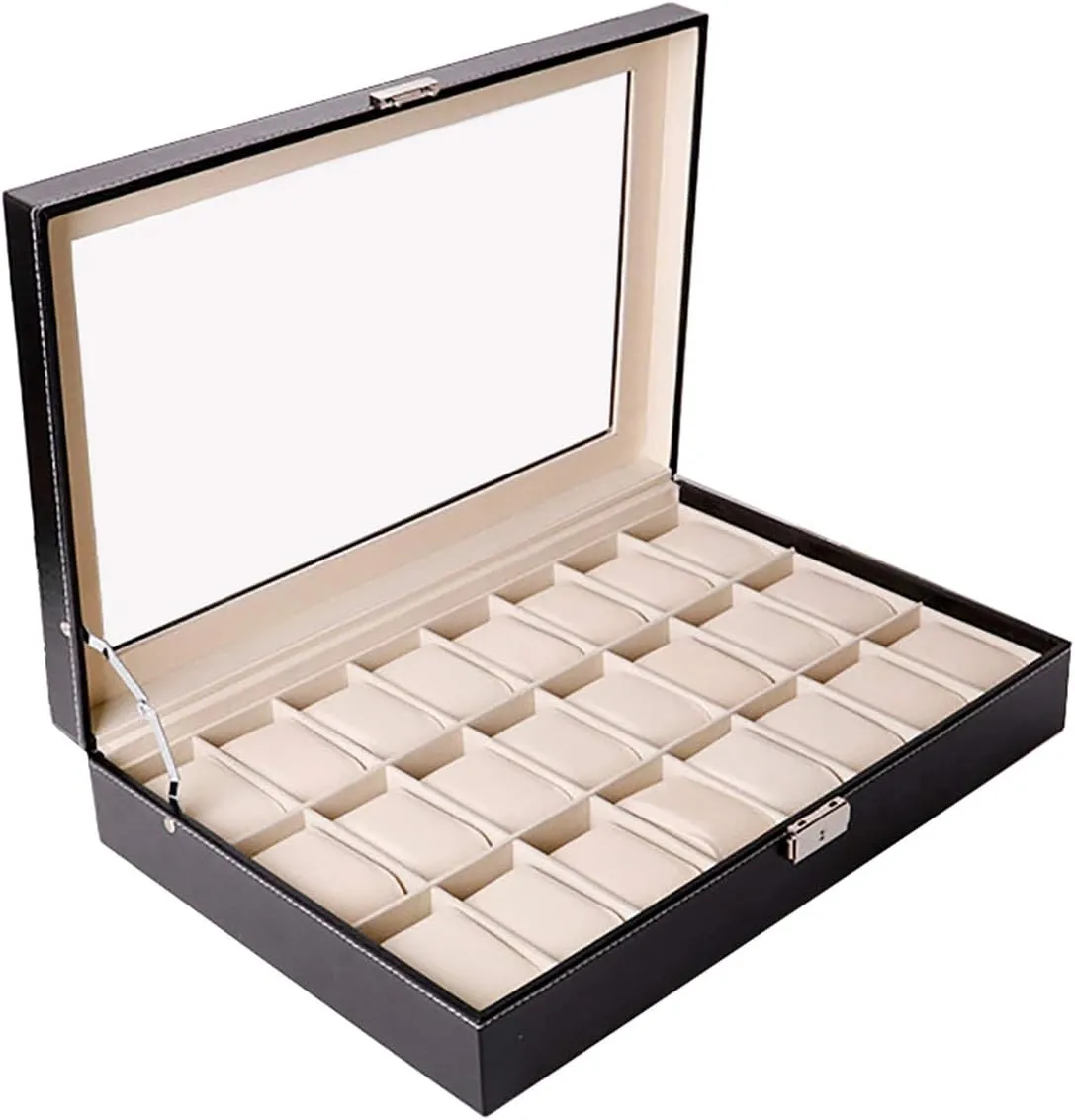 24 Grid Organizer Watch Case For Men Women Pu Leather For Display Storage Holder For Watch With Top Glass With Lock