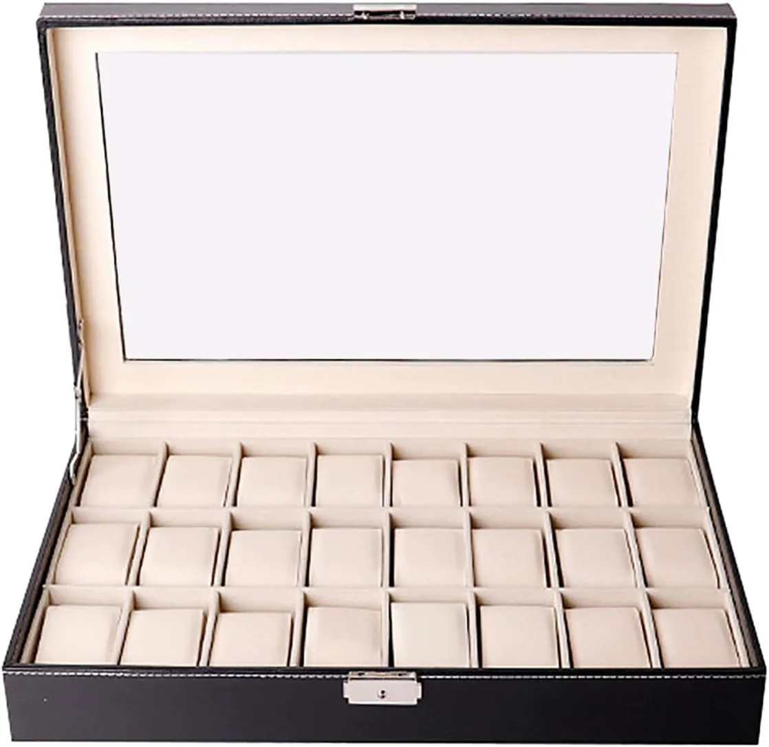 24 Grid Organizer Watch Case For Men Women Pu Leather For Display Storage Holder For Watch With Top Glass With Lock