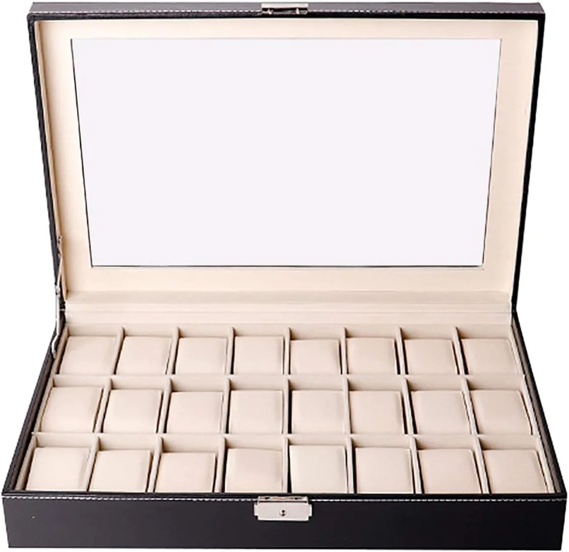 24 Grid Organizer Watch Case For Men Women Pu Leather For Display Storage Holder For Watch With Top Glass With Lock