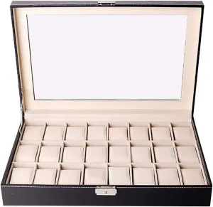 24 Grid Organizer Watch Case For Men Women Pu Leather For Display Storage Holder For Watch With Top Glass With Lock