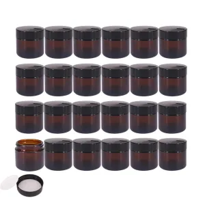 24 Pack 2 oz Round Amber Glass Cosmetic Jars with Inner Liners and Black Lids, Travel Jars, Refillable Containers for Makeup, Cream, Lotion, Sugar Scrubs, Eye Shadow, Slime, Paint, Jewelry