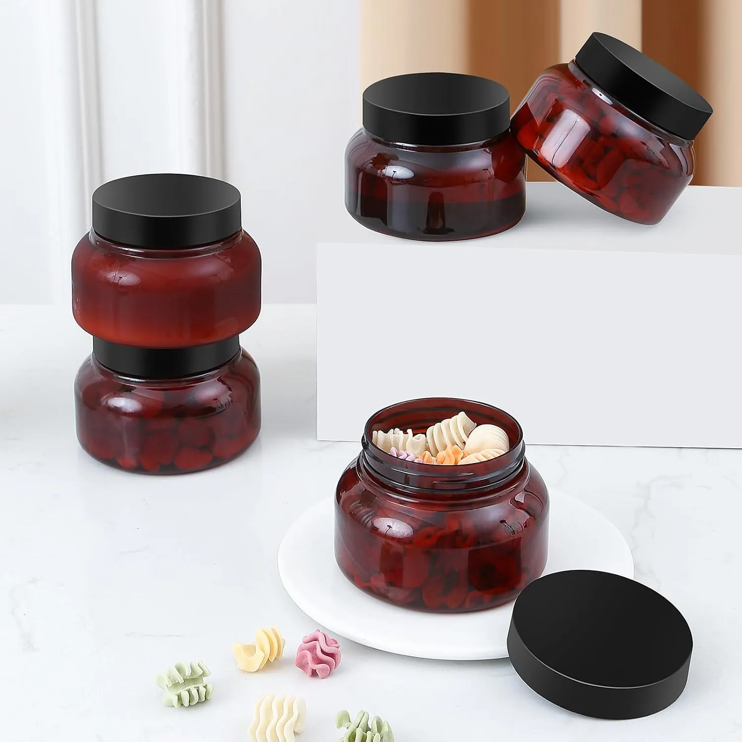 24 Pack 8 Oz Plastic Containers With Lids and Waterproof Label BPA Free - Refillable Transparent Cosmetic Containers for Body Butter,Sugar Scrubs,Cream,Lotions,Candy,Bath Salt (Brown)