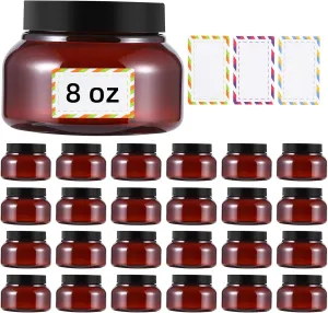 24 Pack 8 Oz Plastic Containers With Lids and Waterproof Label BPA Free - Refillable Transparent Cosmetic Containers for Body Butter,Sugar Scrubs,Cream,Lotions,Candy,Bath Salt (Brown)