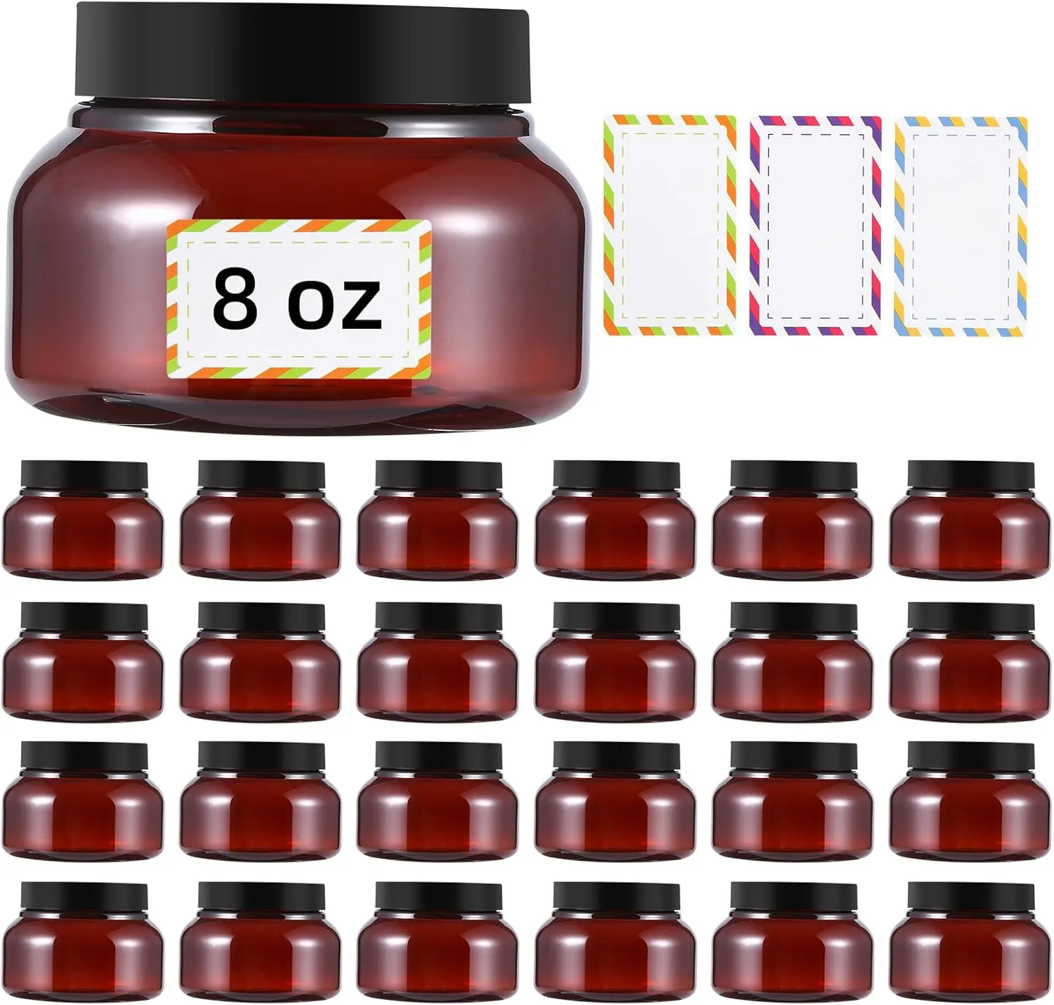 24 Pack 8 Oz Plastic Containers With Lids and Waterproof Label BPA Free - Refillable Transparent Cosmetic Containers for Body Butter,Sugar Scrubs,Cream,Lotions,Candy,Bath Salt (Brown)