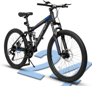 24/26/27.5 Inch, Dual Full Suspension Mountain Bike, 21 Speed Summer Travel, Mens Womens Outdoor Cycling Commuting City Bike to School Work, Birthday Gifts Bicycles