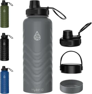 24oz Stainless Steel Insulated Water Bottle with 2 Lids(Straw & Spout),Fluid Scale,Leak-Proof,Wide Mouth,BPA-Free,Silicone Boot & Flex Handle–Sports Flask for Gym,Hiking,Travel–Grey