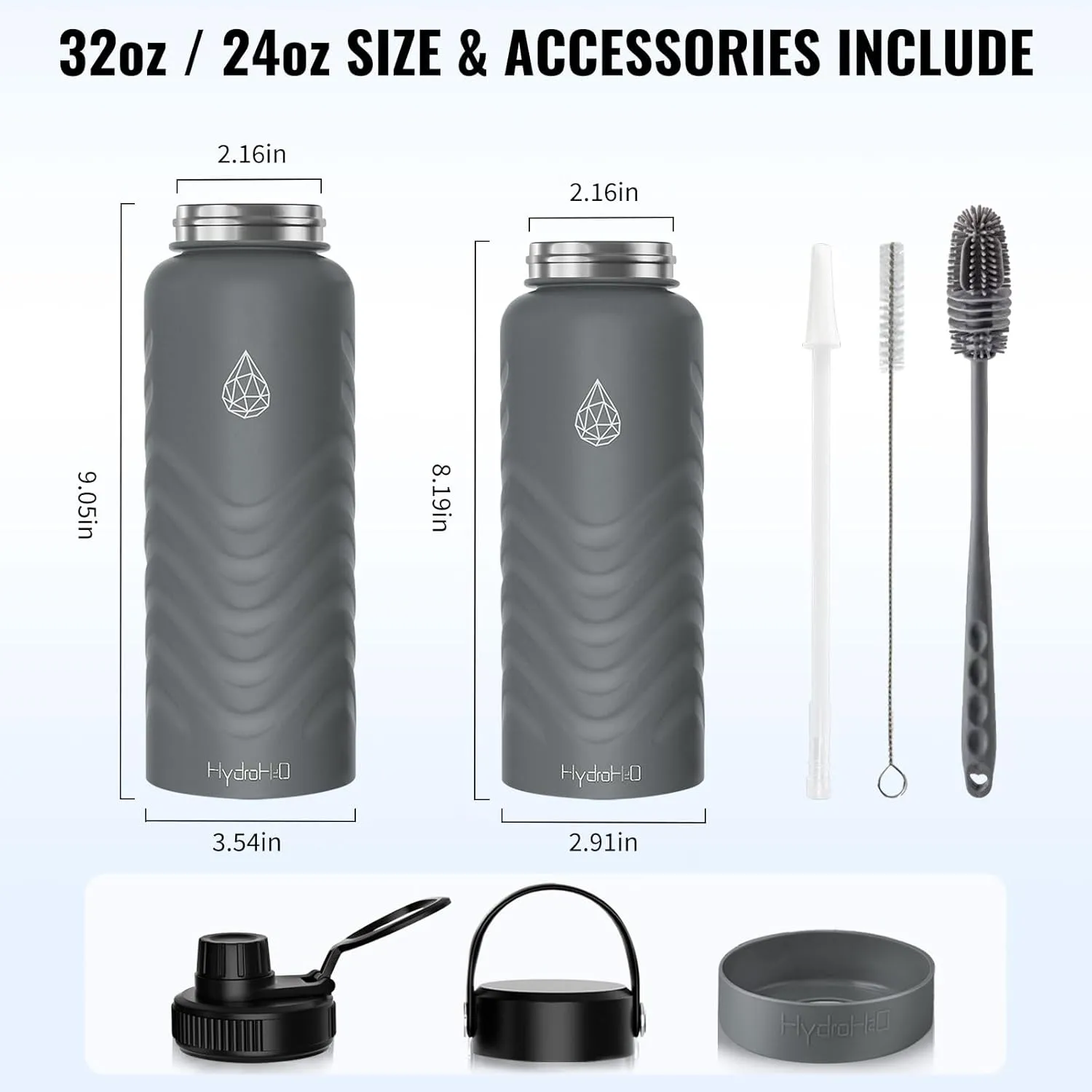 24oz Stainless Steel Insulated Water Bottle with 2 Lids(Straw & Spout),Fluid Scale,Leak-Proof,Wide Mouth,BPA-Free,Silicone Boot & Flex Handle–Sports Flask for Gym,Hiking,Travel–Grey