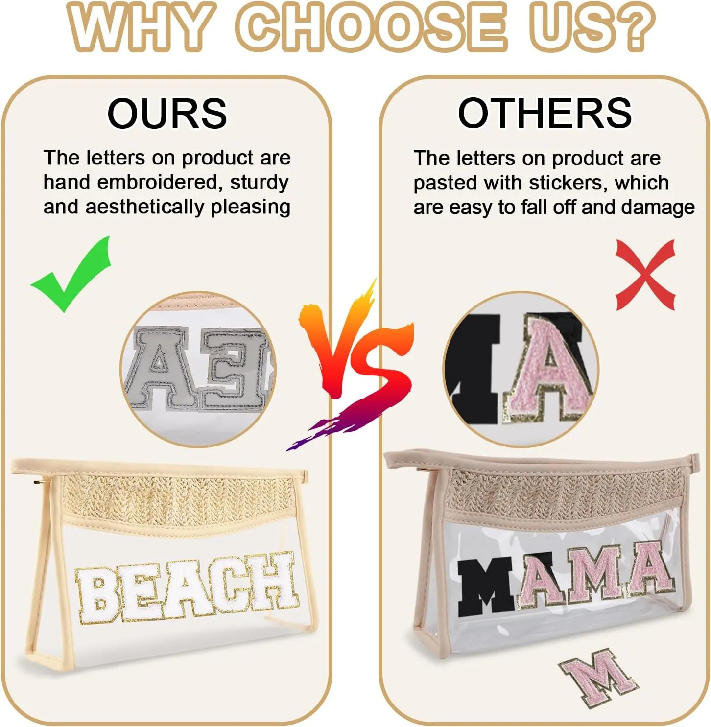2Pcs Boho Patch SPF Bag Clear Makeup Letter Bag, Waterproof Zipper Make up Bag Toiletry Pouch for Women Girls, Clear Letter Patch Cosmetic Bag Transparent Organizer Pouch for Travel(SPF, Beach)