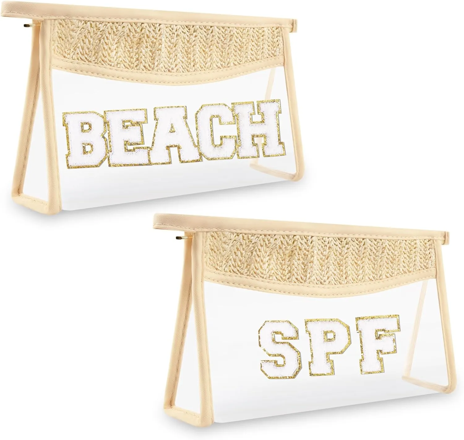 2Pcs Boho Patch SPF Bag Clear Makeup Letter Bag, Waterproof Zipper Make up Bag Toiletry Pouch for Women Girls, Clear Letter Patch Cosmetic Bag Transparent Organizer Pouch for Travel(SPF, Beach)