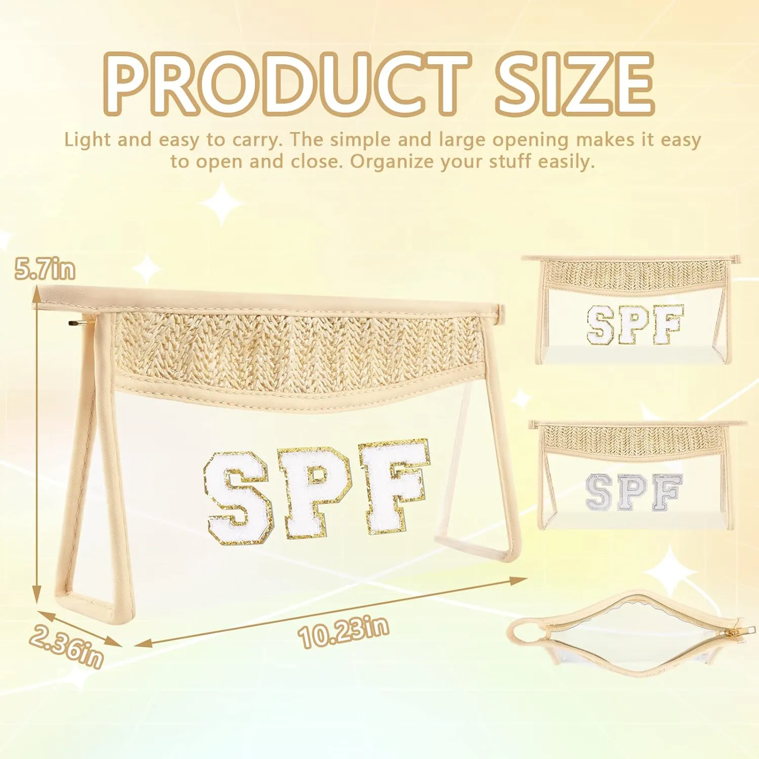 2Pcs Boho Patch SPF Bag Clear Makeup Letter Bag, Waterproof Zipper Make up Bag Toiletry Pouch for Women Girls, Clear Letter Patch Cosmetic Bag Transparent Organizer Pouch for Travel(SPF, Beach)