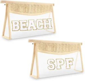 2Pcs Boho Patch SPF Bag Clear Makeup Letter Bag, Waterproof Zipper Make up Bag Toiletry Pouch for Women Girls, Clear Letter Patch Cosmetic Bag Transparent Organizer Pouch for Travel(SPF, Beach)