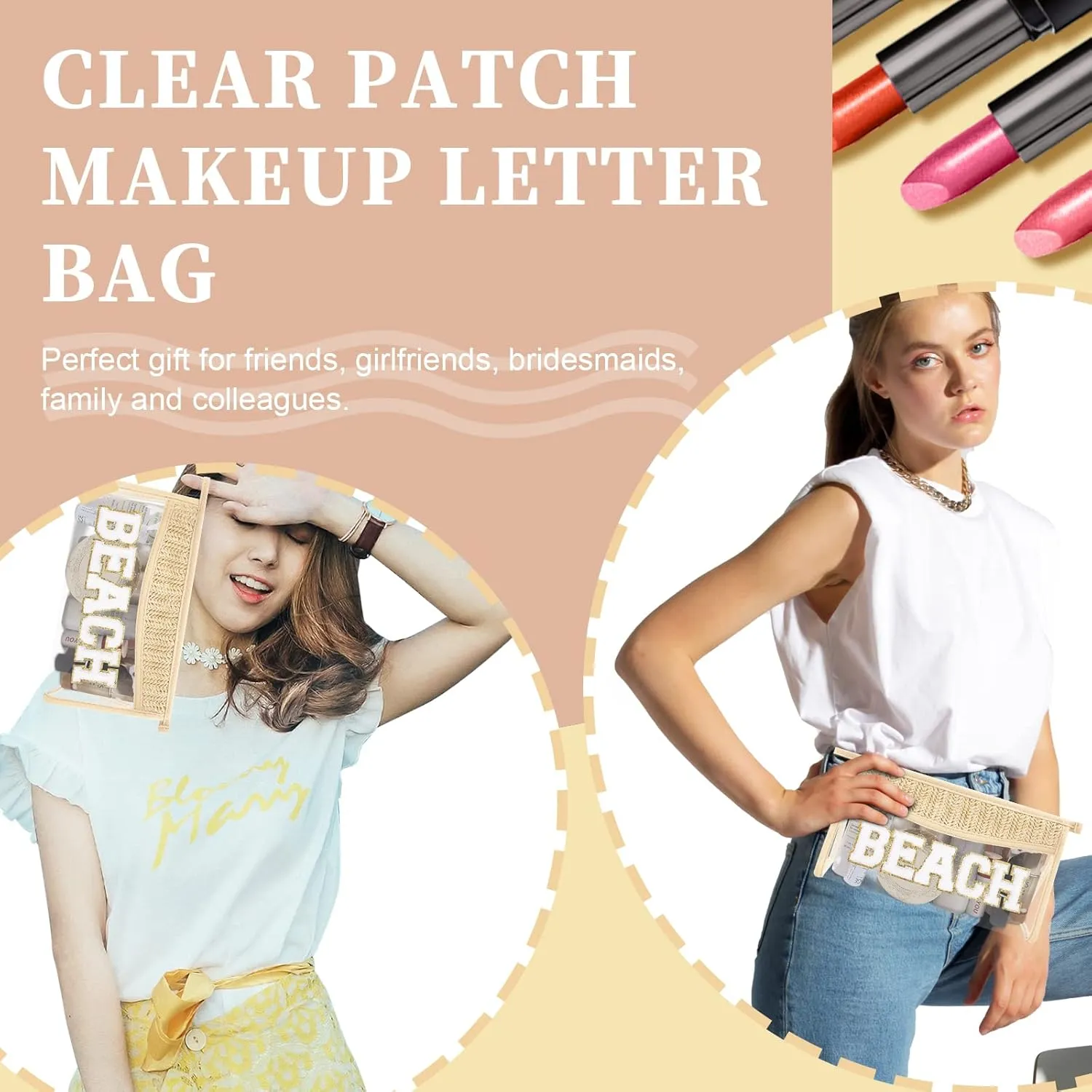 2Pcs Boho Patch SPF Bag Clear Makeup Letter Bag, Waterproof Zipper Make up Bag Toiletry Pouch for Women Girls, Clear Letter Patch Cosmetic Bag Transparent Organizer Pouch for Travel(SPF, Beach)