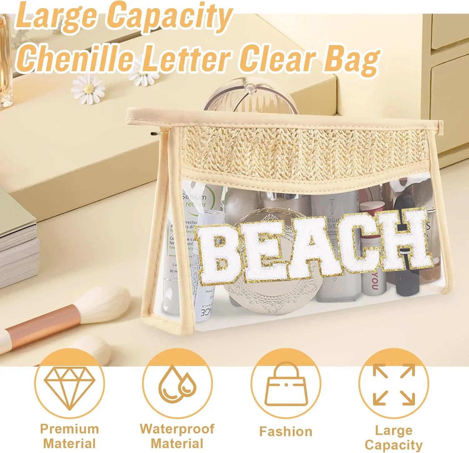 2Pcs Boho Patch SPF Bag Clear Makeup Letter Bag, Waterproof Zipper Make up Bag Toiletry Pouch for Women Girls, Clear Letter Patch Cosmetic Bag Transparent Organizer Pouch for Travel(SPF, Beach)