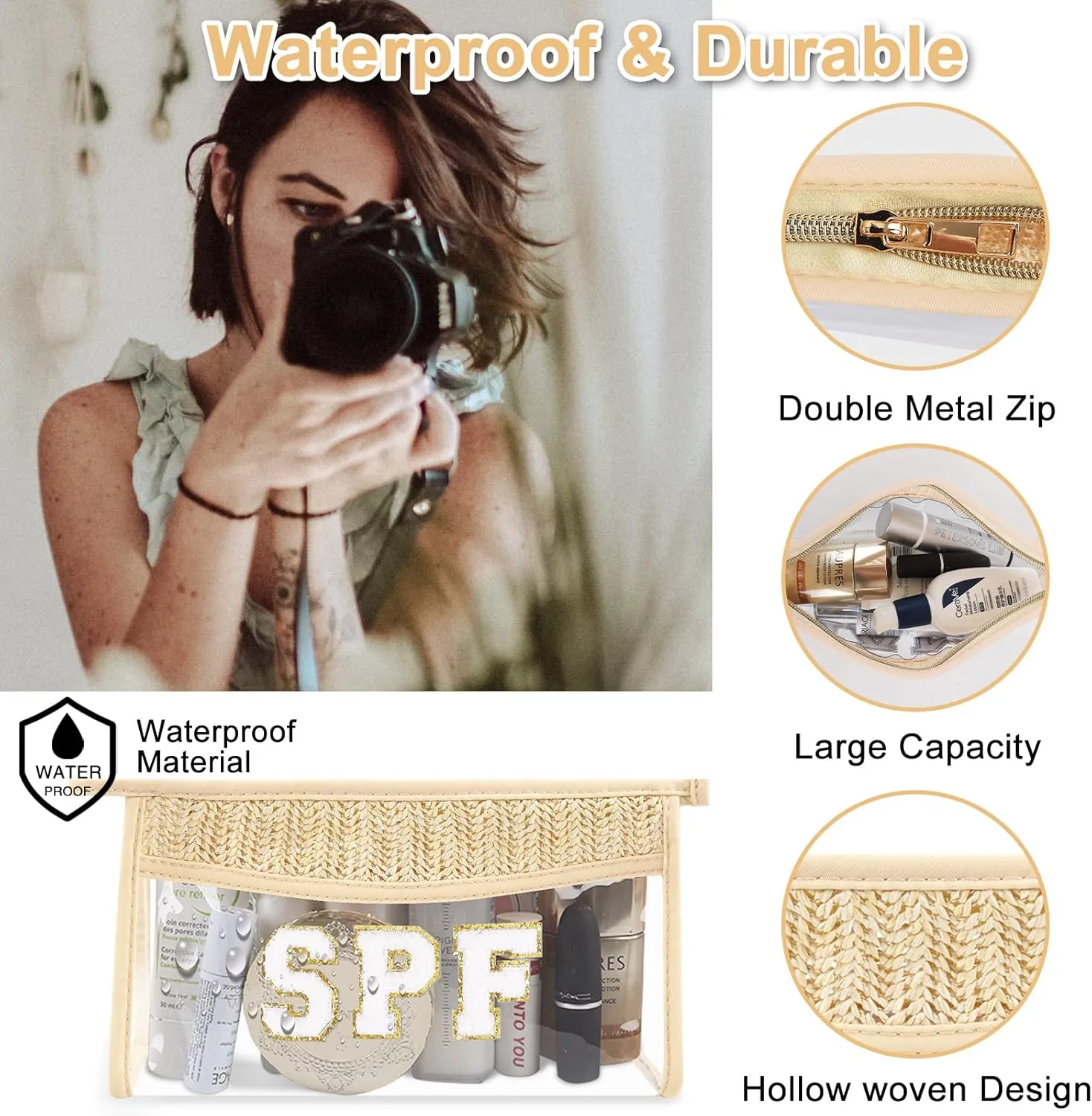 2Pcs Boho Patch SPF Bag Clear Makeup Letter Bag, Waterproof Zipper Make up Bag Toiletry Pouch for Women Girls, Clear Letter Patch Cosmetic Bag Transparent Organizer Pouch for Travel(SPF, Beach)