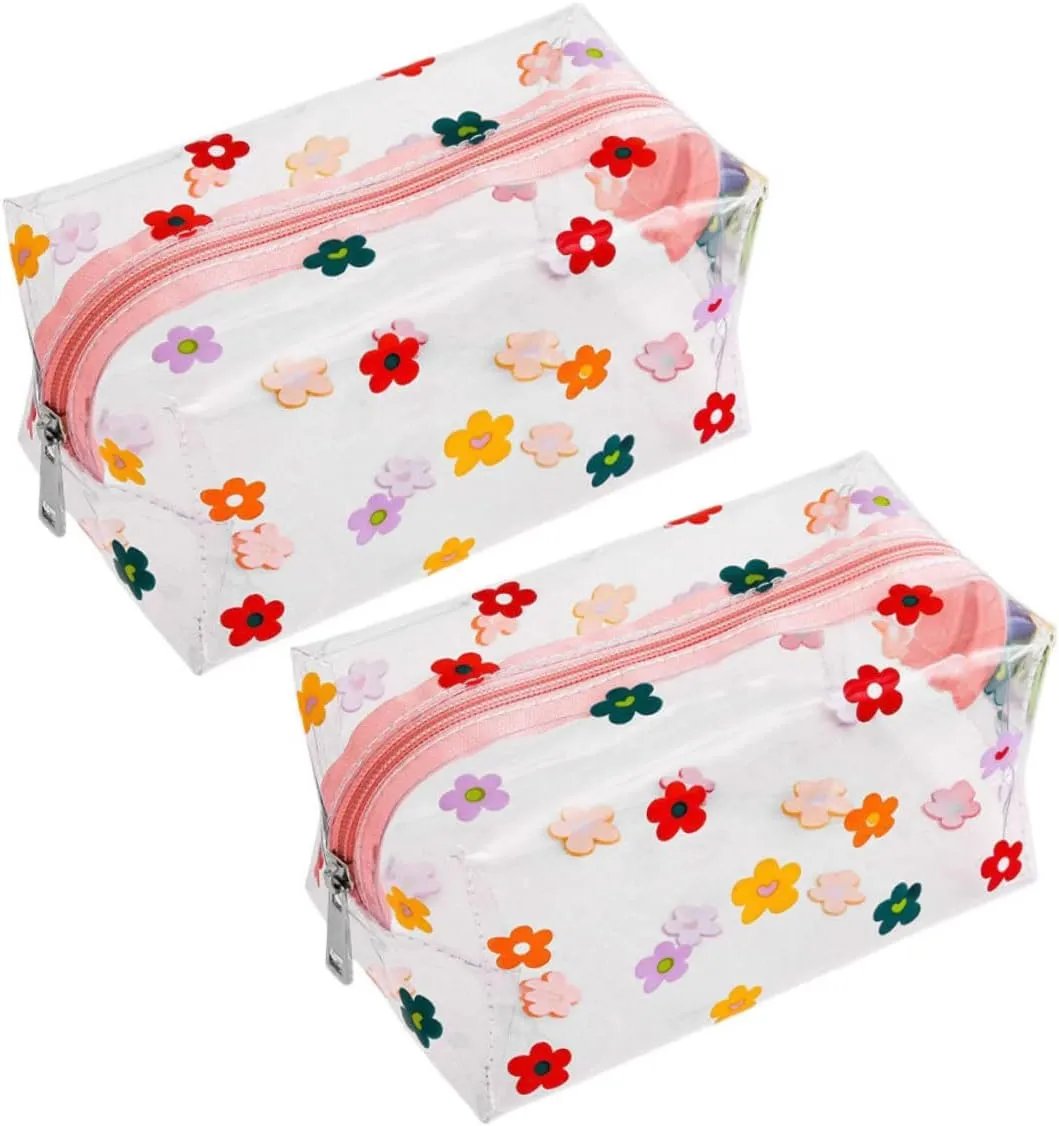2Pcs Large Capacity Transparent Toiletry Bag Storage Bag with Flower Print for Travel Makeup and Gym Essentials