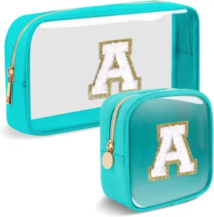 2pcs Personalized Initial Letter Clear Makeup Bag | Waterproof Nylon Preppy Cosmetic Bag | Travel Toiletry Bag | Monogrammed Gifts for Women Girl | Wedding Bridal Shower Gifts for Bridesmaids(Blue A)