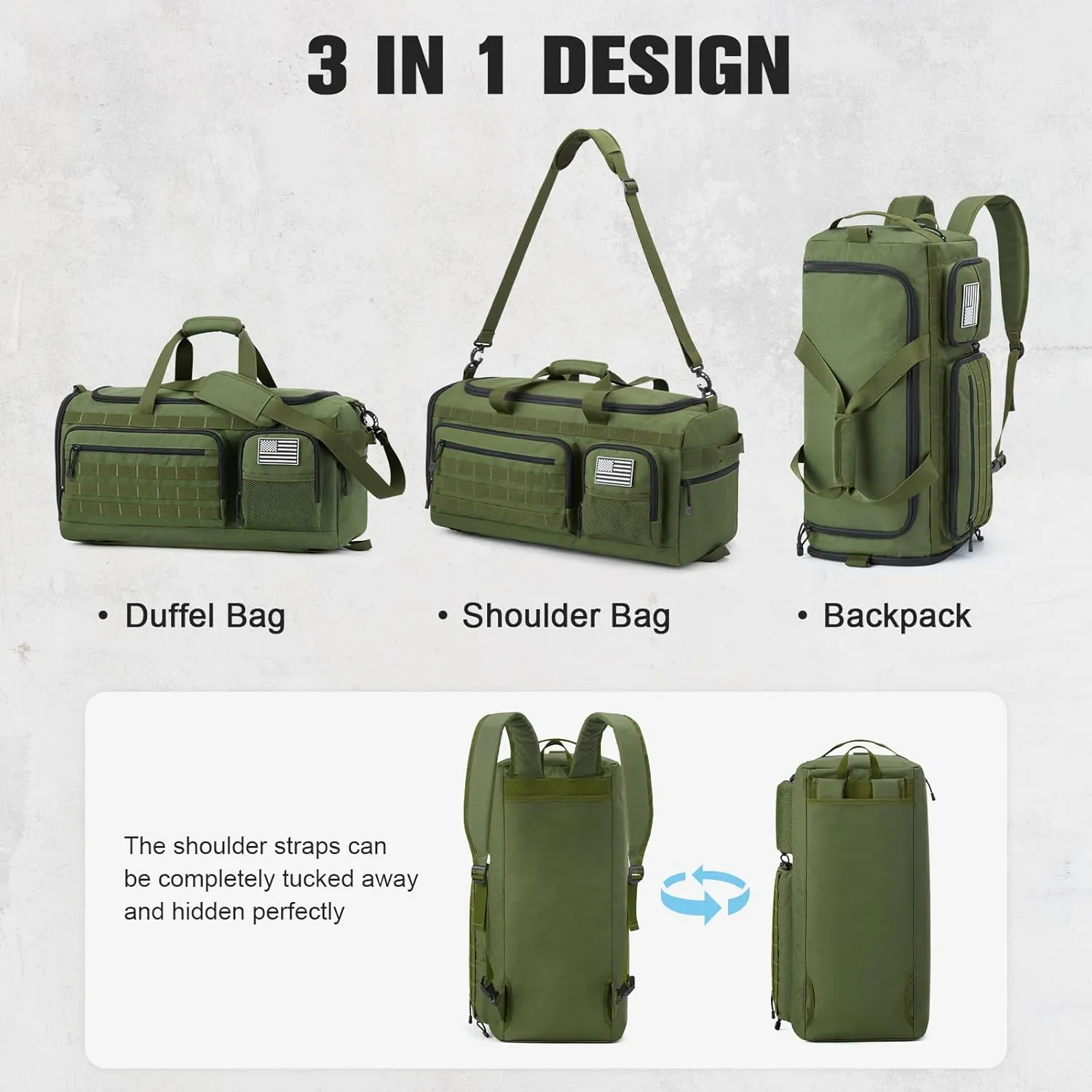 3-in-1 Tactical Travel Duffle Bag for Men and Women, Large 50L Military Duffle Weekender Bags Gym Backpack with Shoes Compartment and Wet Pocket (Green)
