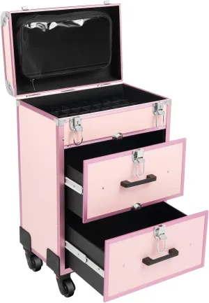 3-Tier Aluminum Alloy Rolling Makeup Case with Universal Wheel and Dividers, Retractable Handle, Free Standing Cosmetics Storage Organizer Make-Up Station Pink Max.Load 50kg/110.3lbs