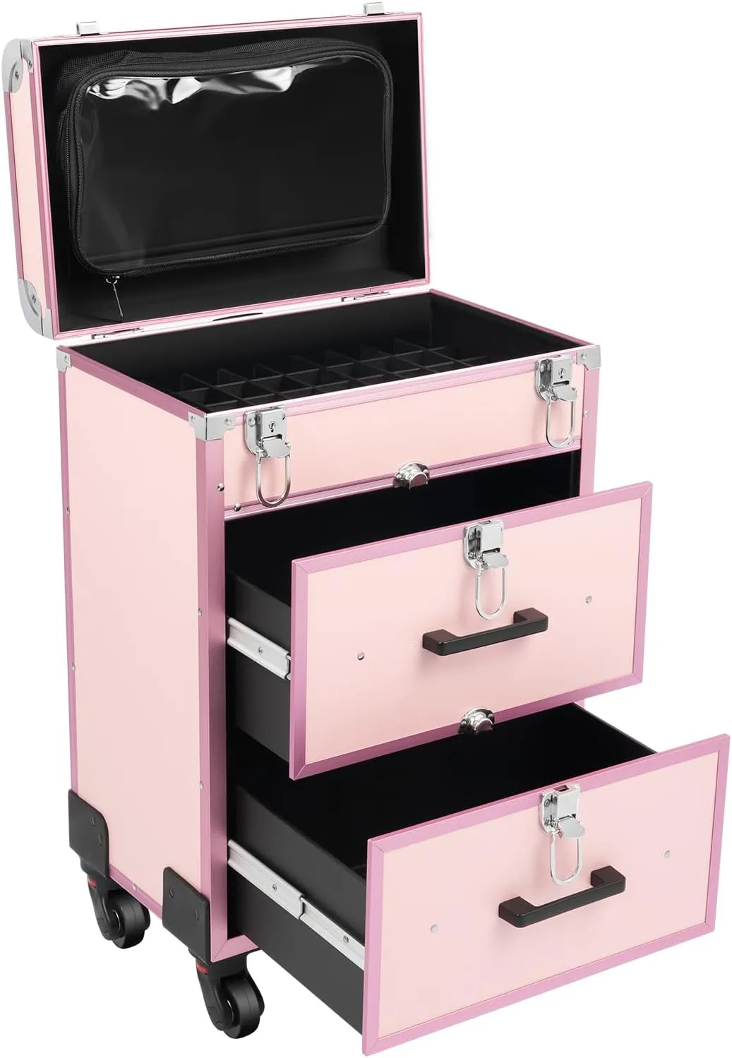 3-Tier Aluminum Alloy Rolling Makeup Case with Universal Wheel and Dividers, Retractable Handle, Free Standing Cosmetics Storage Organizer Make-Up Station Pink Max.Load 50kg/110.3lbs
