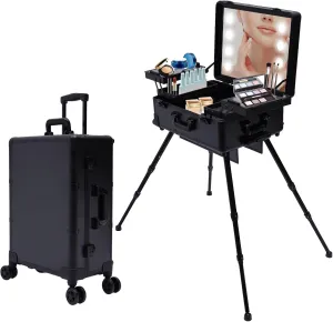 3 Tier Beauty Salon Professional Makeup Case, Rolling Cosmetic Storage Salon Toolbox with Mirror, Makeup Train Case with 4 Wheels and 8 Led Lights, Makeup Case Hair Tattoo Nail Bar