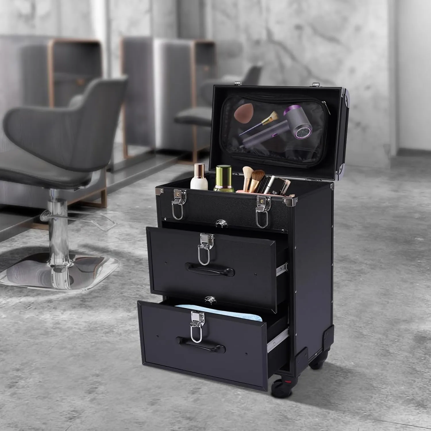 3 Tier Rolling Makeup Train Case Travel Cosmetic Trolley with 360° Rotation Wheels for Professional Salon Barber Traveling Cart Trunk Cosmetic Beauty Storage (Black)