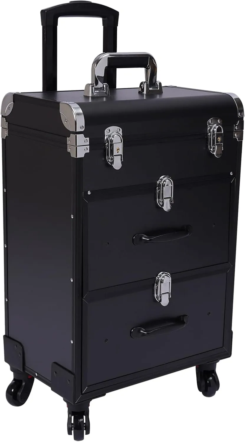 3 Tier Rolling Makeup Train Case Travel Cosmetic Trolley with 360° Rotation Wheels for Professional Salon Barber Traveling Cart Trunk Cosmetic Beauty Storage (Black)