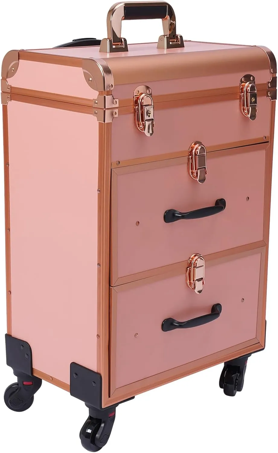 3 Tier Rolling Makeup Train Case Travel Cosmetic Trolley with 360° Rotation Wheels for Professional Salon Barber Traveling Cart Trunk Cosmetic Beauty Storage (Rose Gold)