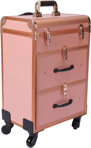 3 Tier Rolling Makeup Train Case Travel Cosmetic Trolley with 360° Rotation Wheels for Professional Salon Barber Traveling Cart Trunk Cosmetic Beauty Storage (Rose Gold)